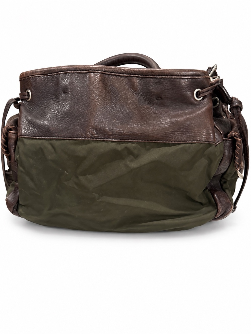 Prada Brown Leather & Olive Nylon Satchel with Shoulder Strap - Picture 3 of 5